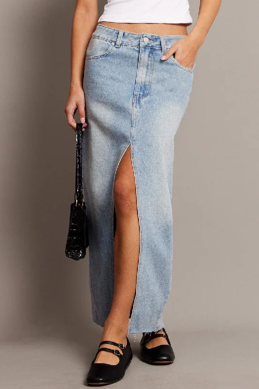 Denim Maxi Skirt High Rise Front Split