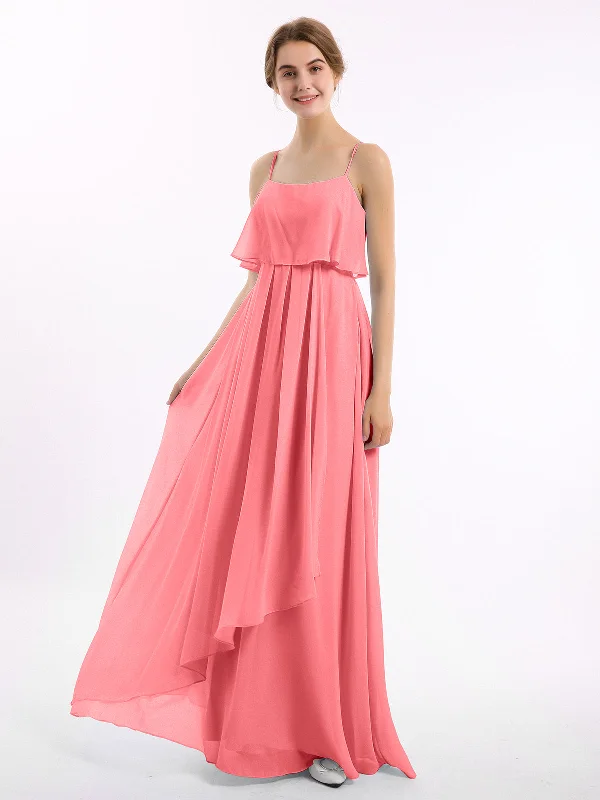 Spaghetti Strap Chiffon Dress with Cascade Skirt-Watermelon