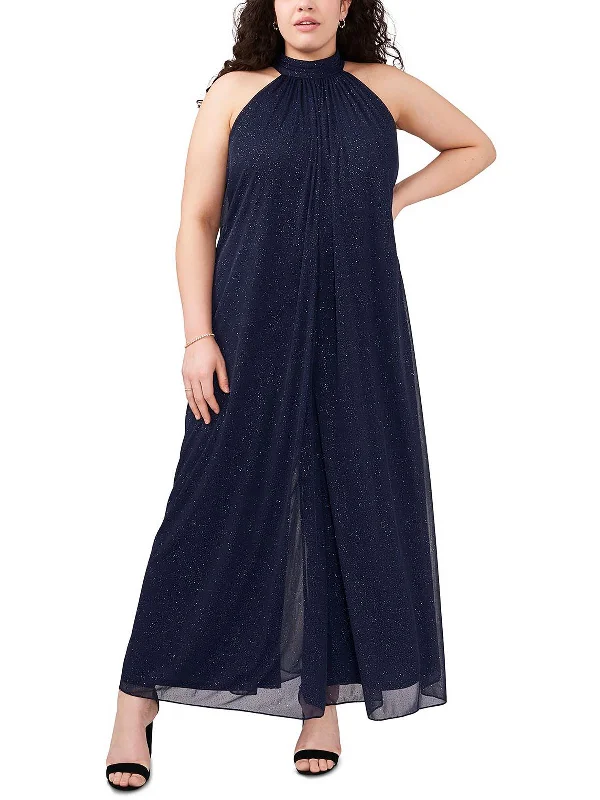 Plus Womens Wide Leg Tie Neck Jumpsuit