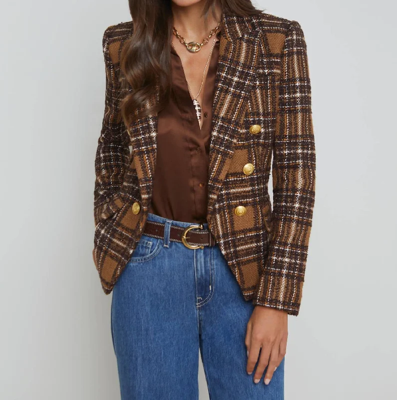 Kenzie Double Breasted Blazer In Brown /yellow Plaid