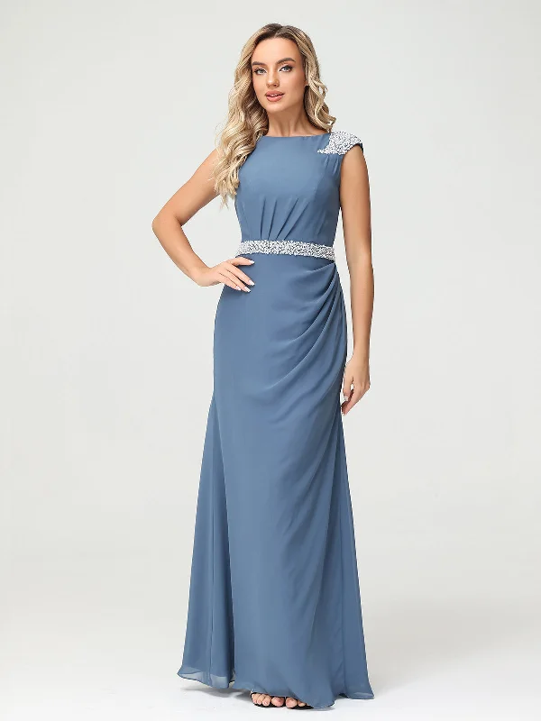 Chiffon Sheath Dress with Beaded Waistband-Slate Blue