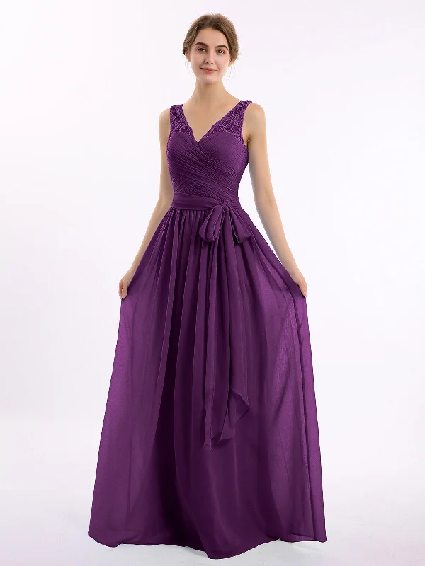 Lace Straps Long Chiffon Dresses with Bow Sash-Grape