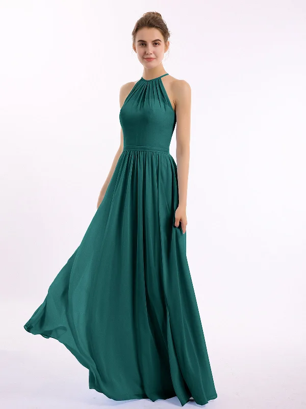 Halter Long Chiffon Gowns with Double Straps-Peacock