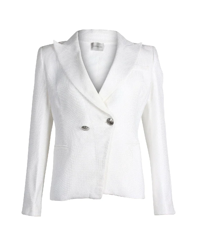 Pierre Balmain Peak Lapel Double-Breasted Blazer in White Cotton