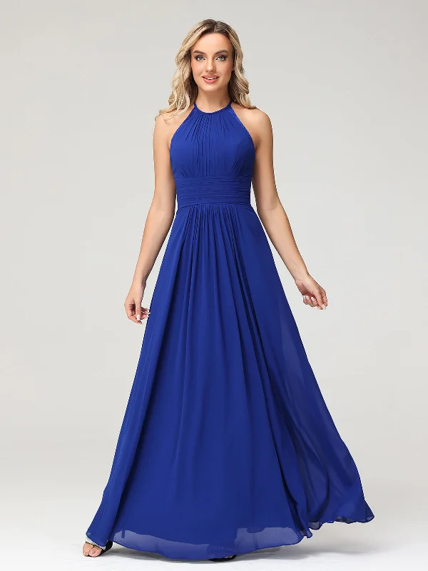 Halter Chiffon Long Gown With Lace Strap Royal Blue