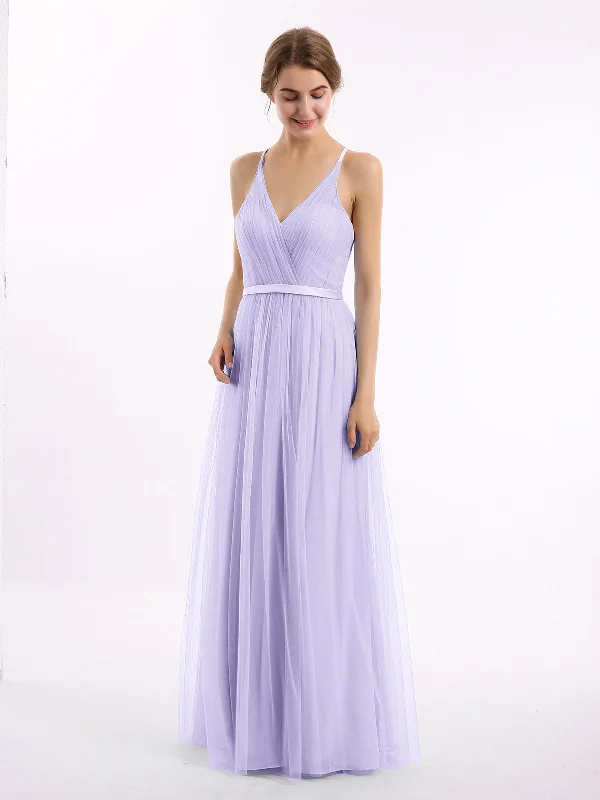 V Neck Tulle Long Dresses with Satin Sash Lilac