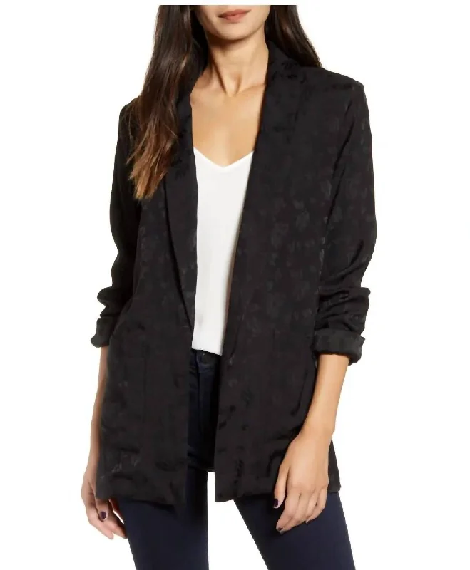 Floral Print Jacquard Open Front Shawl Collar In Black