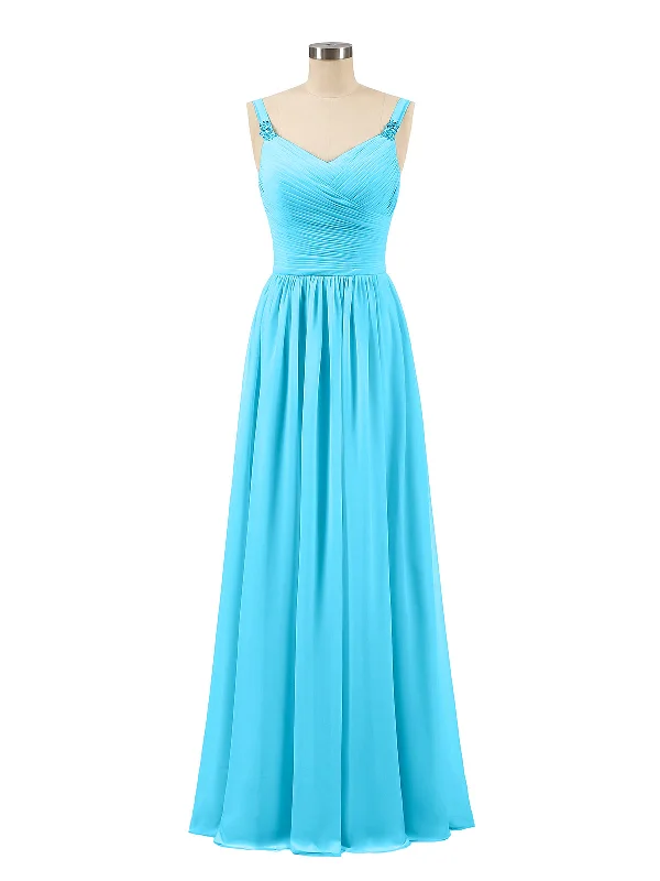 Pleated Chiffon Bodice Long Gown with Straps Pool