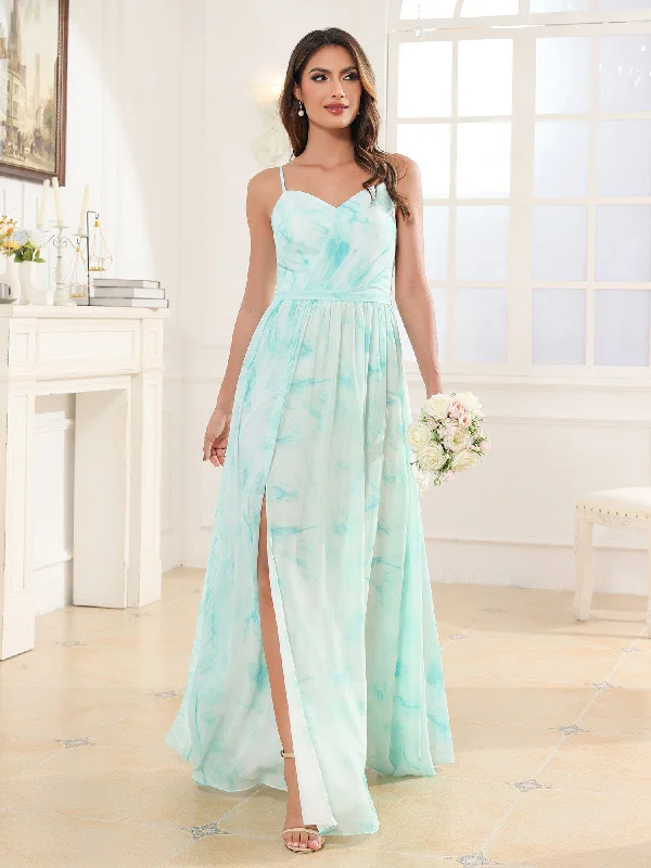 V-neck Spaghetti Straps Bridesmaid Dress With Slit Minty Cloud