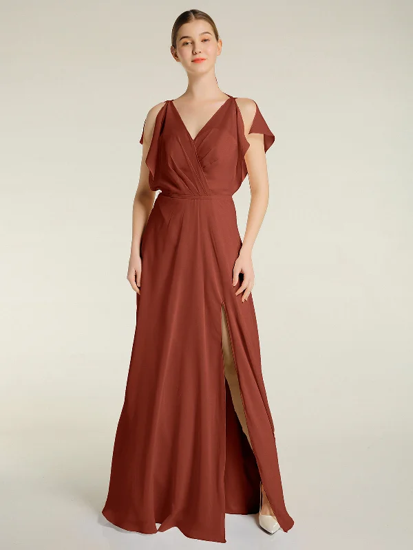 V Neckline Chiffon Maxi Dresses with Slit Rust