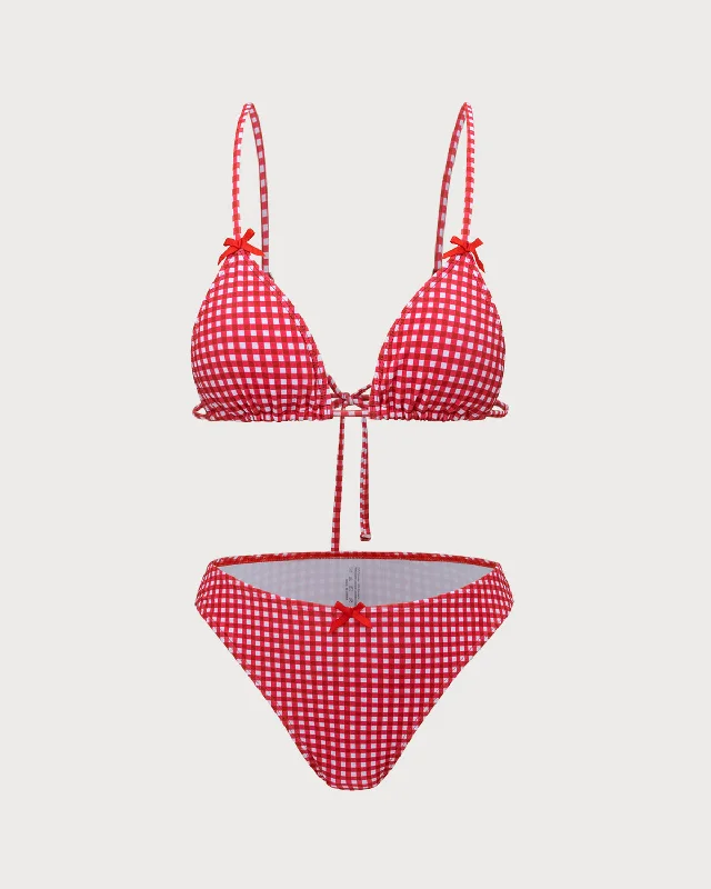 Red Plaid Bowknot Bikini Set