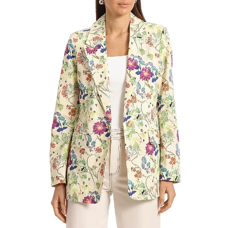 Womens Linen Blend Floral Blend One-Button Blazer