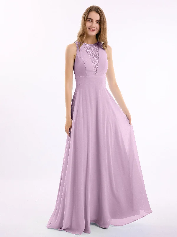 Lace Deep V-neck and Back Chiffon Long Dresses-Wisteria