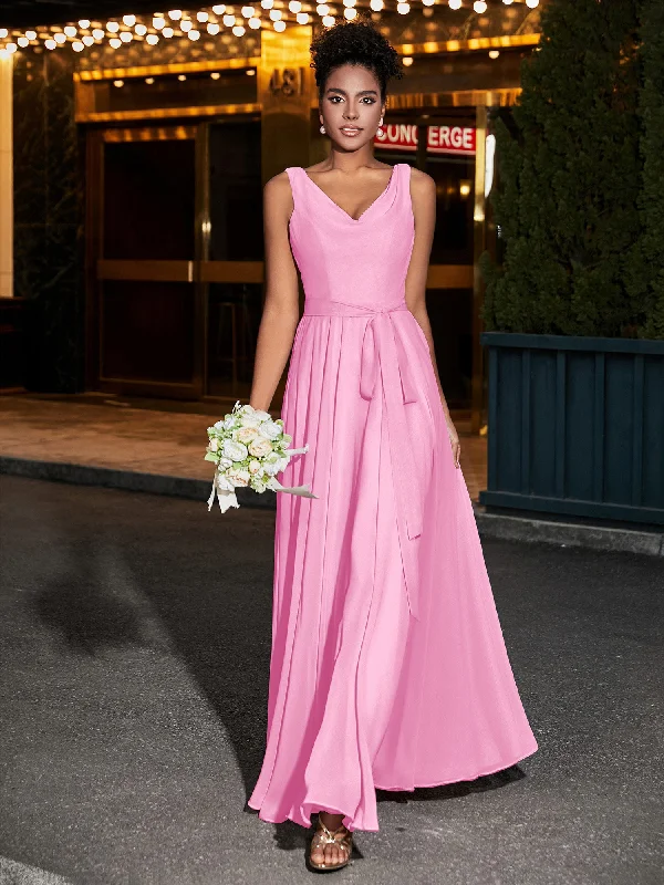 Simple Chiffon Dresses with V Neckline Candy Pink