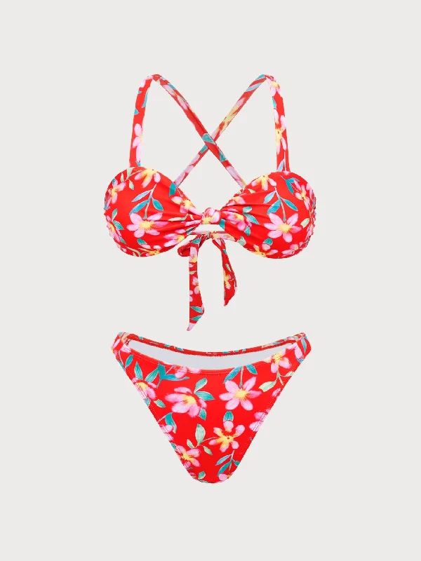 Red Floral Criss-Cross Bikini Set