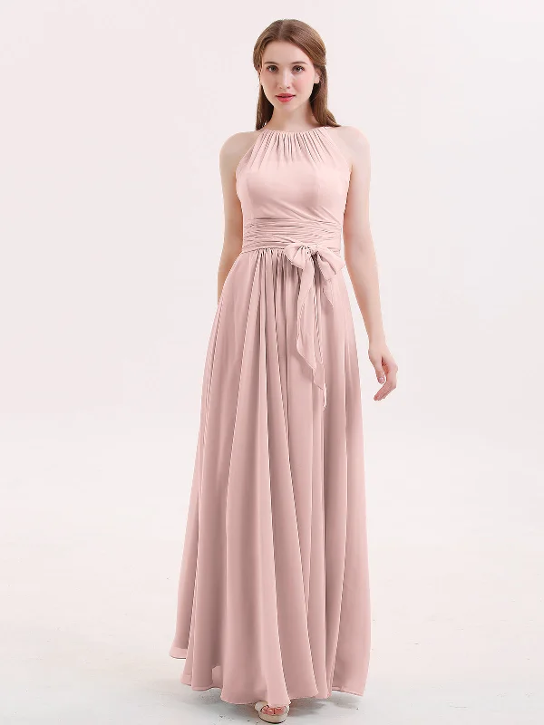 Halter Chiffon Bridesmaid Dresses with Bow Sash-Dusty Rose