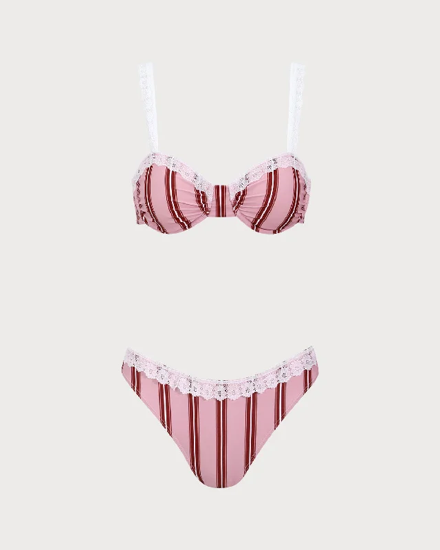 Pink Striped Underwired Lace Bikini Set