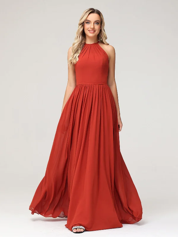 Halter Long Chiffon Gowns with Double Straps-Rust