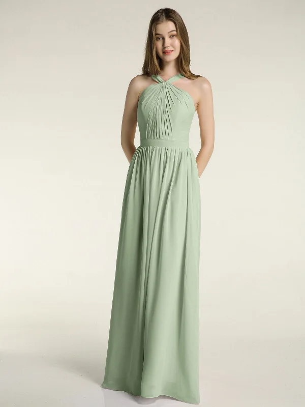 Y-neck Long Chiffon Bridesmaid Dresses-Dusty Sage