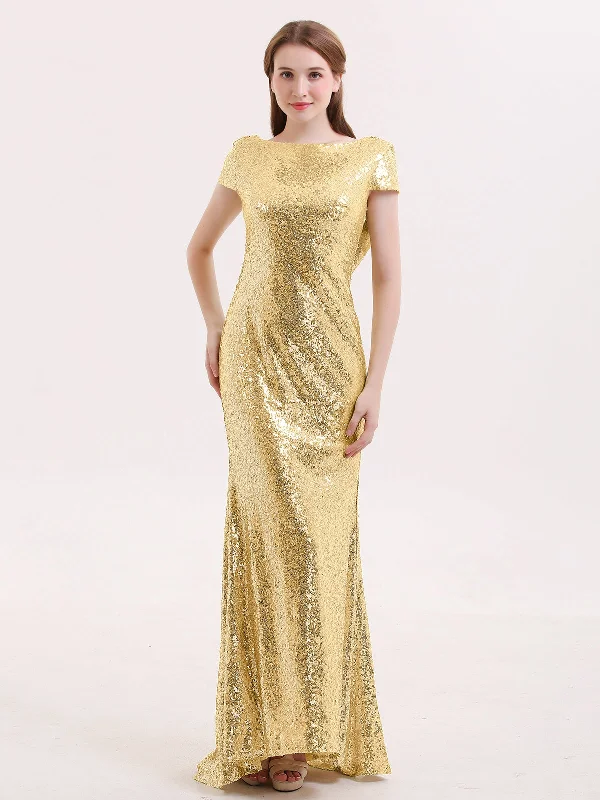 Sequins Lace Bridesmaid Dress with Cap Sleeves Gold