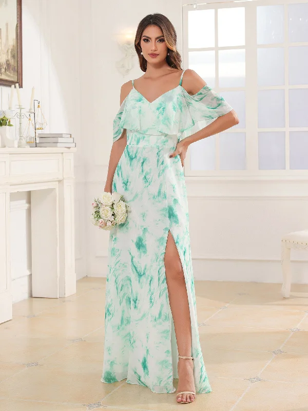 Floor-length V-neck Ruffles Chiffon A-line Dress Mint Marble