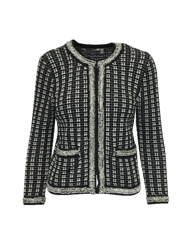 Alice + Olivia Monochrome Tweed Embellished Georgia Jacket in Black Cotton