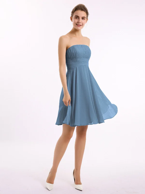 Strapless Chiffon Knee Length Bridesmaid Dress Slate Blue