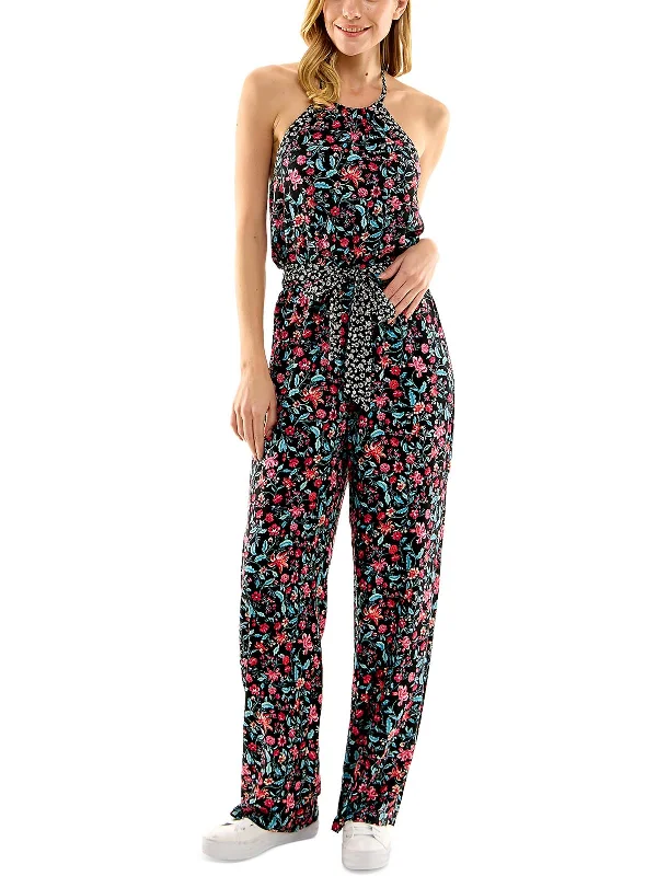 Juniors Womens Floral Print Crinkled Jumpsuit