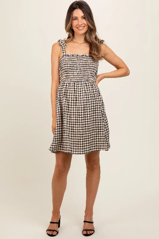 Black Gingham Shoulder Tie Maternity Dress