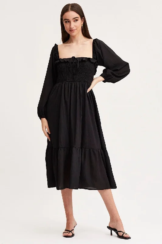 Black Maxi Dress Long Sleeve Square Neck