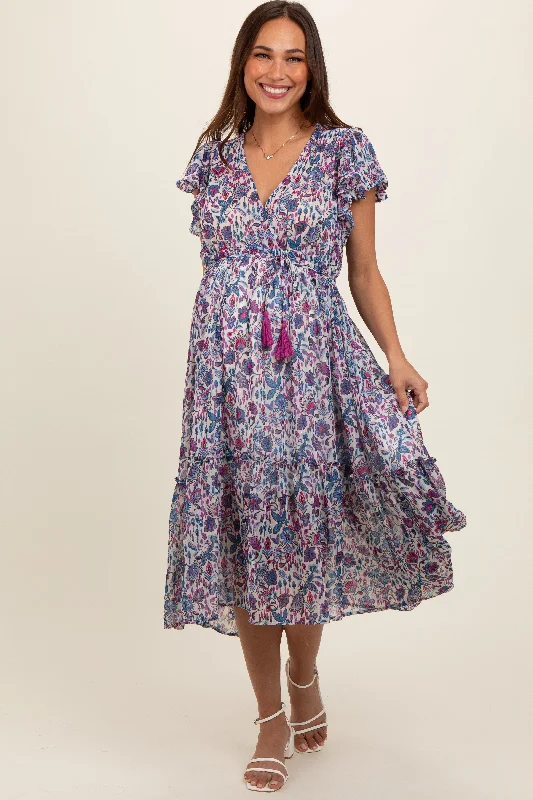 Blue Floral Chiffon Flutter Sleeve Ruffle Hem Maternity Midi Dress