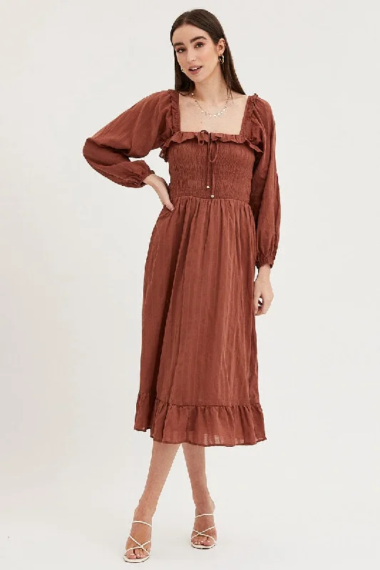 Brown Midi Dress Long Sleeve Evening