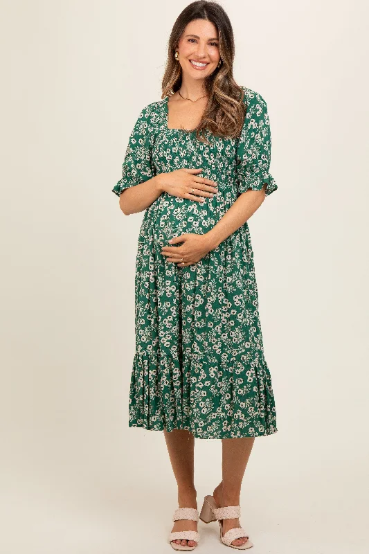 Green Square Neck Smocked Maternity Dress