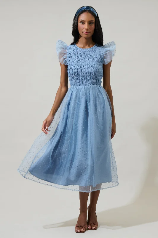 Lucille Organza Dot Smocked Midi Dress