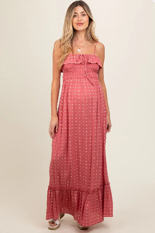 Mauve Smocked Sleeveless Floral Maternity Maxi Dress