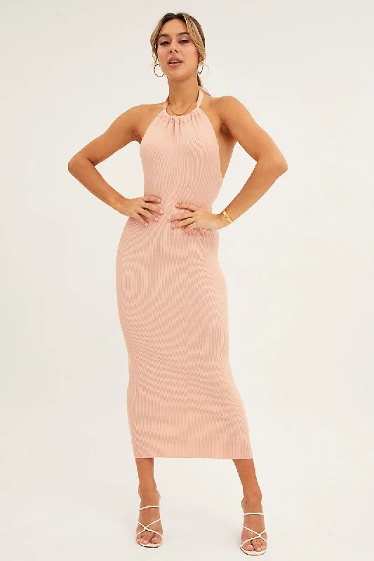 Pink Halter Dress Midi Knit Bodycon