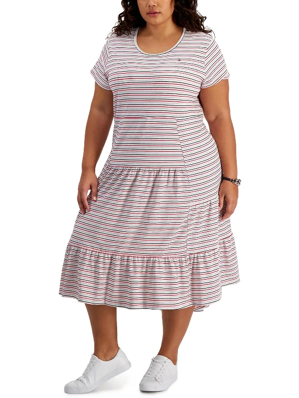 Plus Womens Striped Tiered Midi Dress