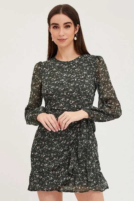 Print Wrap Dress Long Sleeve Mini Ruffle