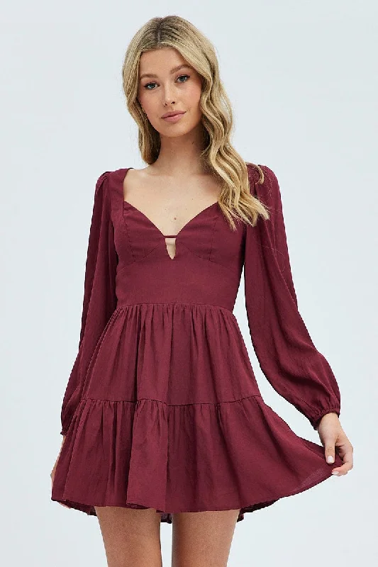 Purple Fit And Flare Dress Long Sleeve Mini