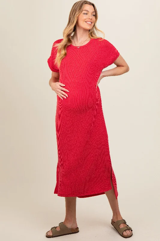 Red Ribbed Short Sleeve Maternity Midi Dress