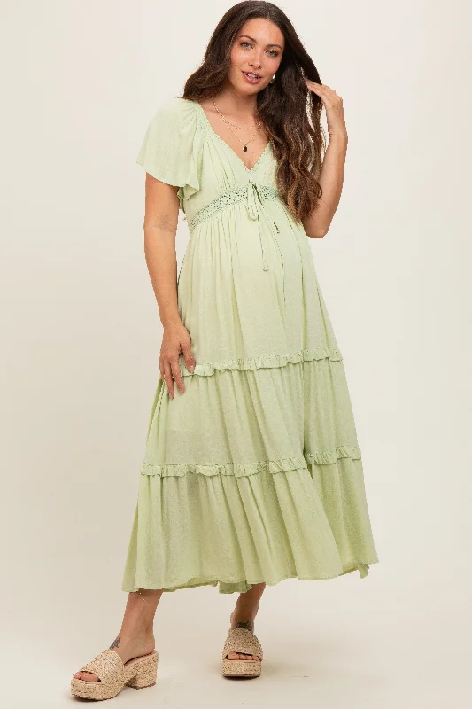 Sage Crochet Lace Tiered Ruffle Maternity Maxi Dress