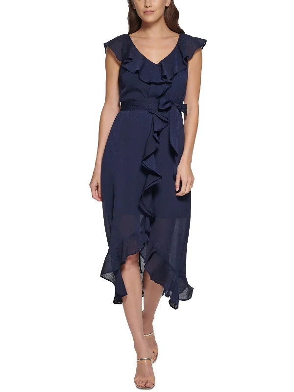 Womens Chiffon Ruffled Midi Dress