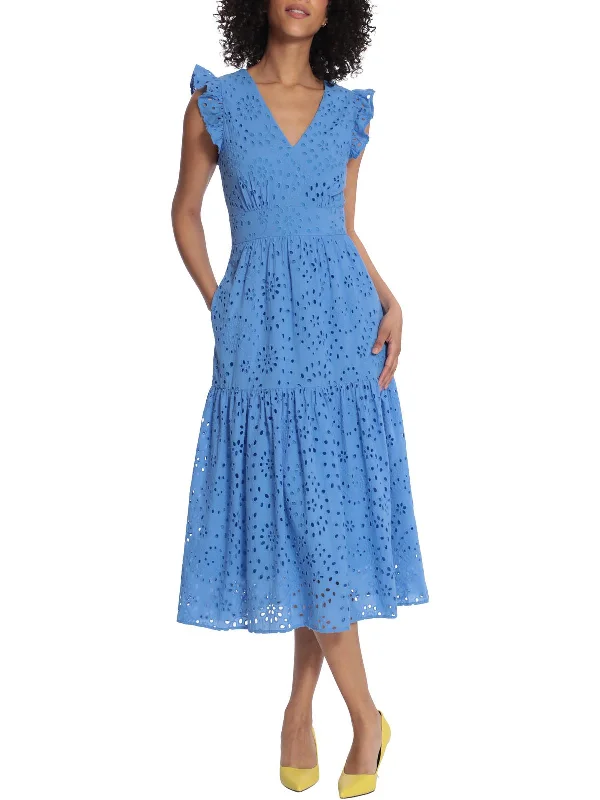 Womens Eyelet V-Neck Midi Dress