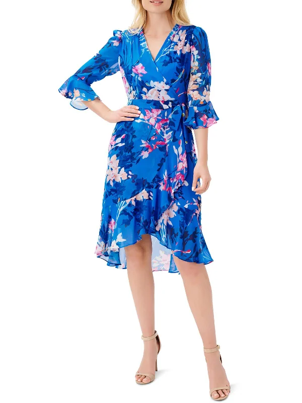 Womens Floral Print Surplice Neckline Wrap Dress