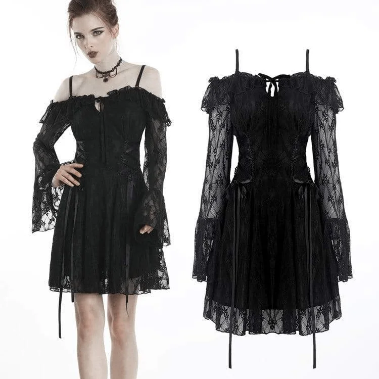 Women's Gothic Off-shoulder Lace Overlaid  Sheer Sleeved Dresses