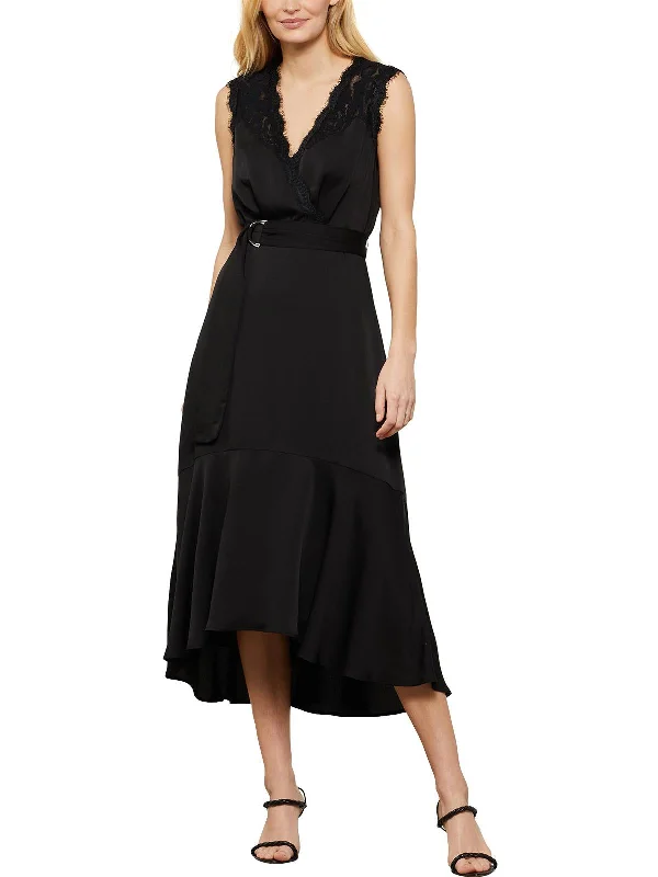 Womens Lace Trim Surplice Midi Dress