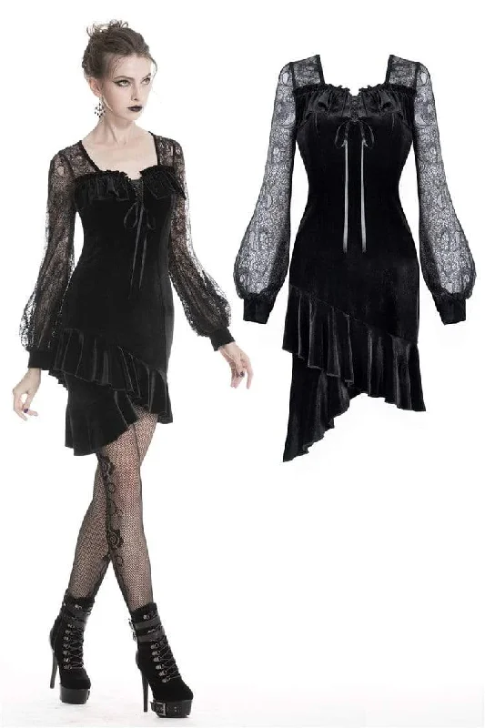 Women's Lolita Black Prom Velvet Dresses With Floral Lace Sleeves