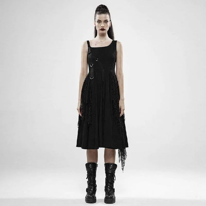 Women's Punk Irregular Black Plaid Slip Dresses With Mesh Ruffles