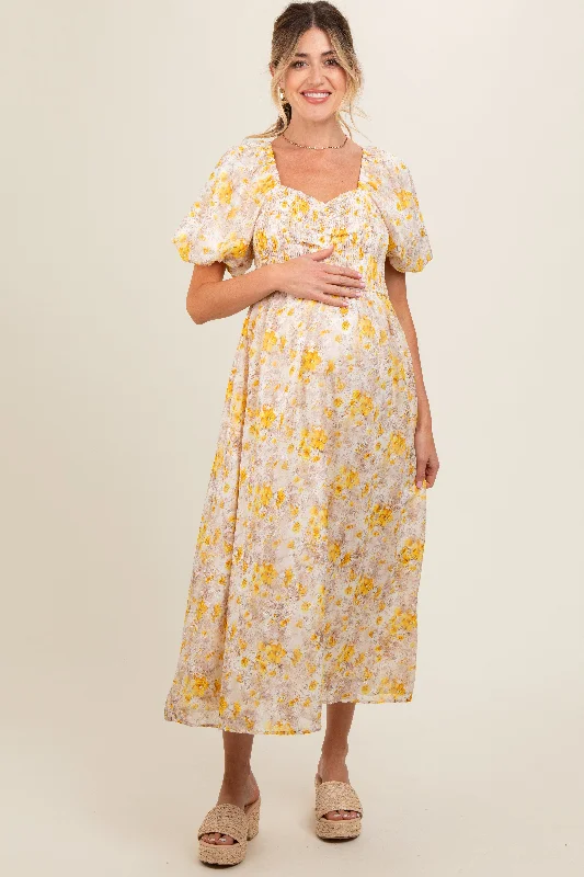 Yellow Floral Smocked Sweetheart Neck Short Puff Sleeve Maternity Midi Dress