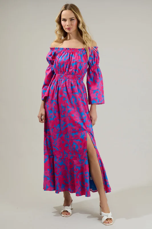 Yeraldi Berry Tropics Off the Shoulder Bell Sleeve Midi Dress